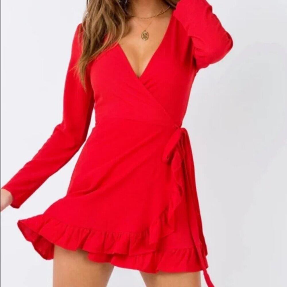 princess polly | NWT agnetha red wrap long sleeve mini dress sz US 4